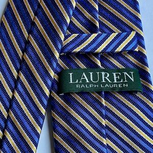 Lauren by Ralph Lauren purple, beige and blue striped all Silk Tie.